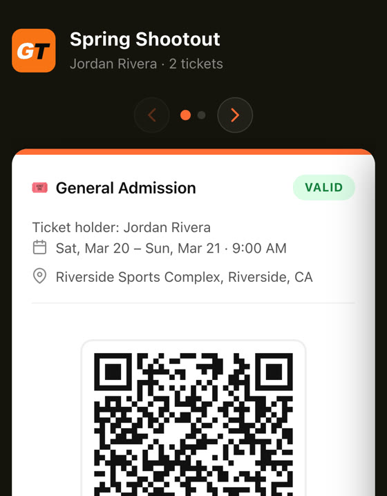 The QR ticket page a fan opens from their text or email